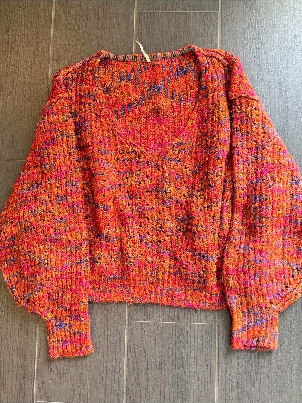 Free People Multicolor Orange & Pink V‑Neck Knit Sweater